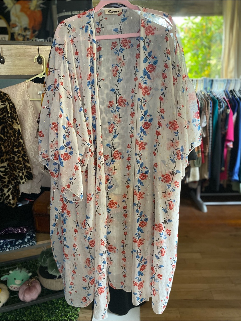 Haptics White Floral Sheer Kimono - Pink & Blue Print